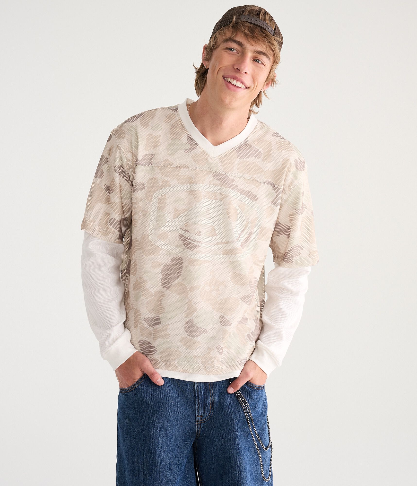 Long Sleeve Skull Camo Boxy Mesh Jersey 2-Fer Tee