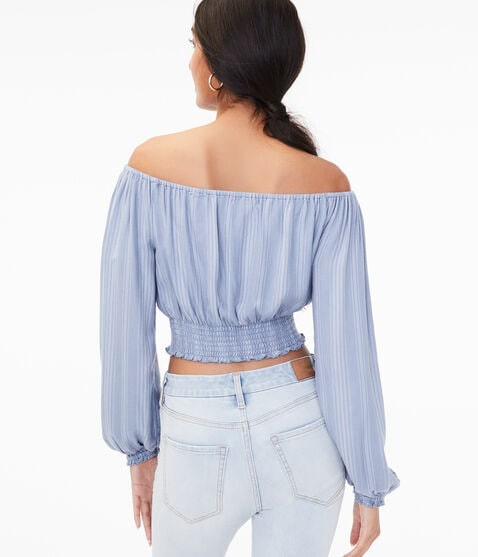 Long Sleeve Striped Off-The-Shoulder Crop Top Long Sleeve Striped Off-The-Shoulder Crop Top