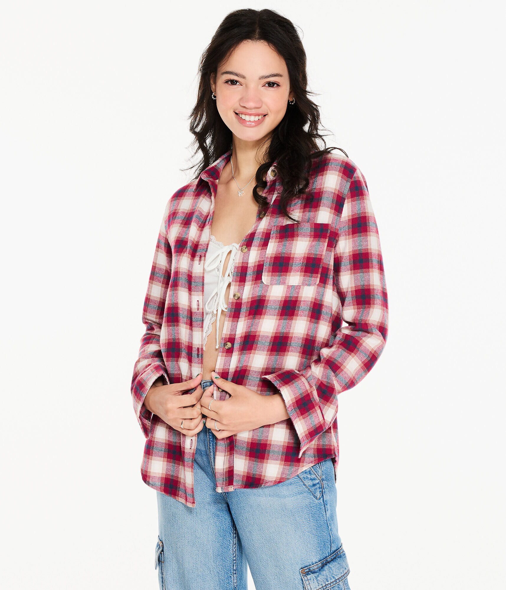 Long Sleeve Oversized Plaid Flannel Button-Down Shirt