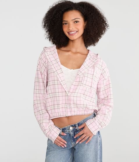 Long Sleeve Cinched Hem Plaid Flannel Shirt Long Sleeve Cinched Hem Plaid Flannel Shirt