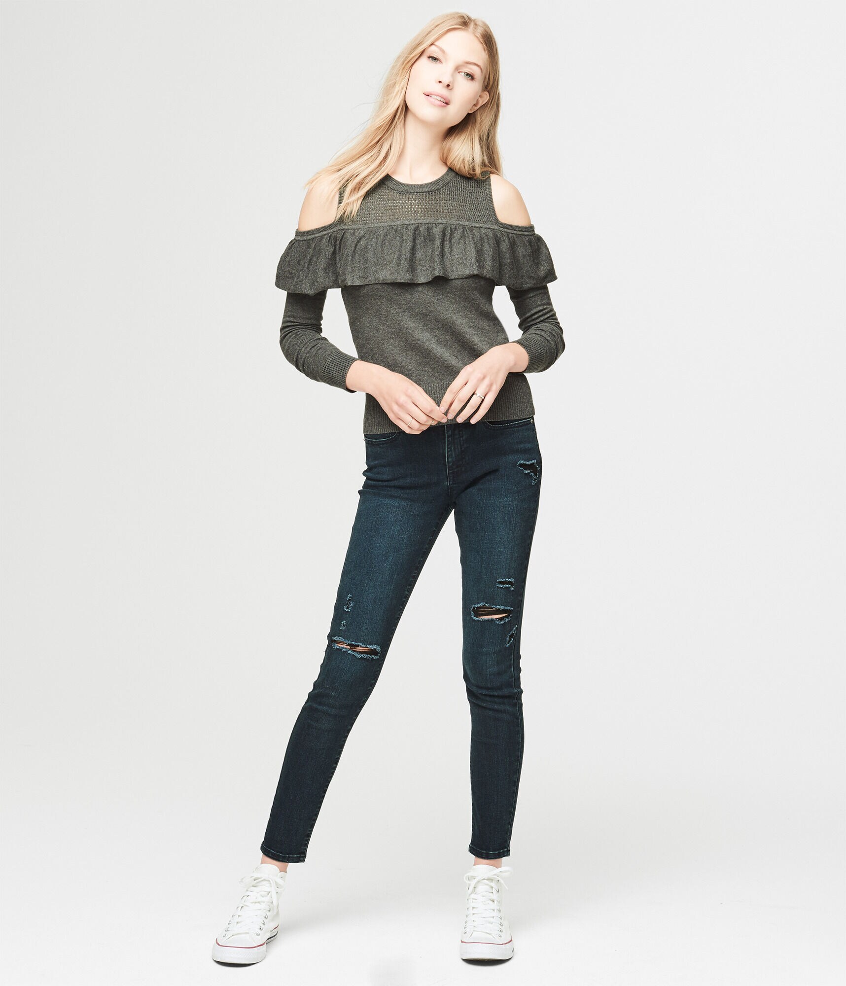 Ruffled Cold-Shoulder Sweater