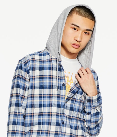 Long Sleeve Plaid Flannel Hooded Button-Down Shirt