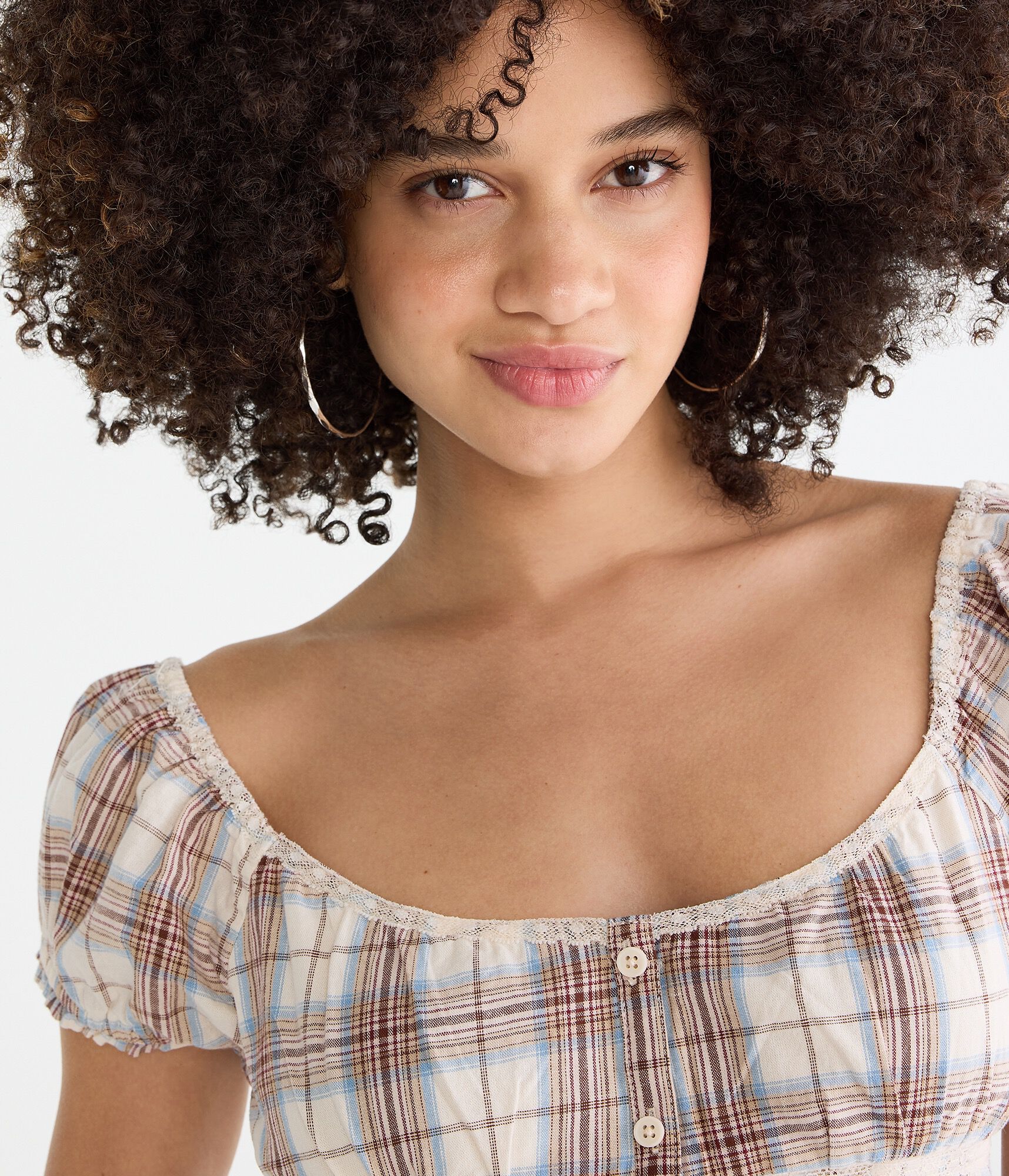 Plaid Button-Front Scoop-Neck Blouse