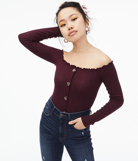 Long Sleeve Seriously Soft Buttoned Off-The-Shoulder Bodycon Top Long Sleeve Seriously Soft Buttoned Off-The-Shoulder Bodycon Top