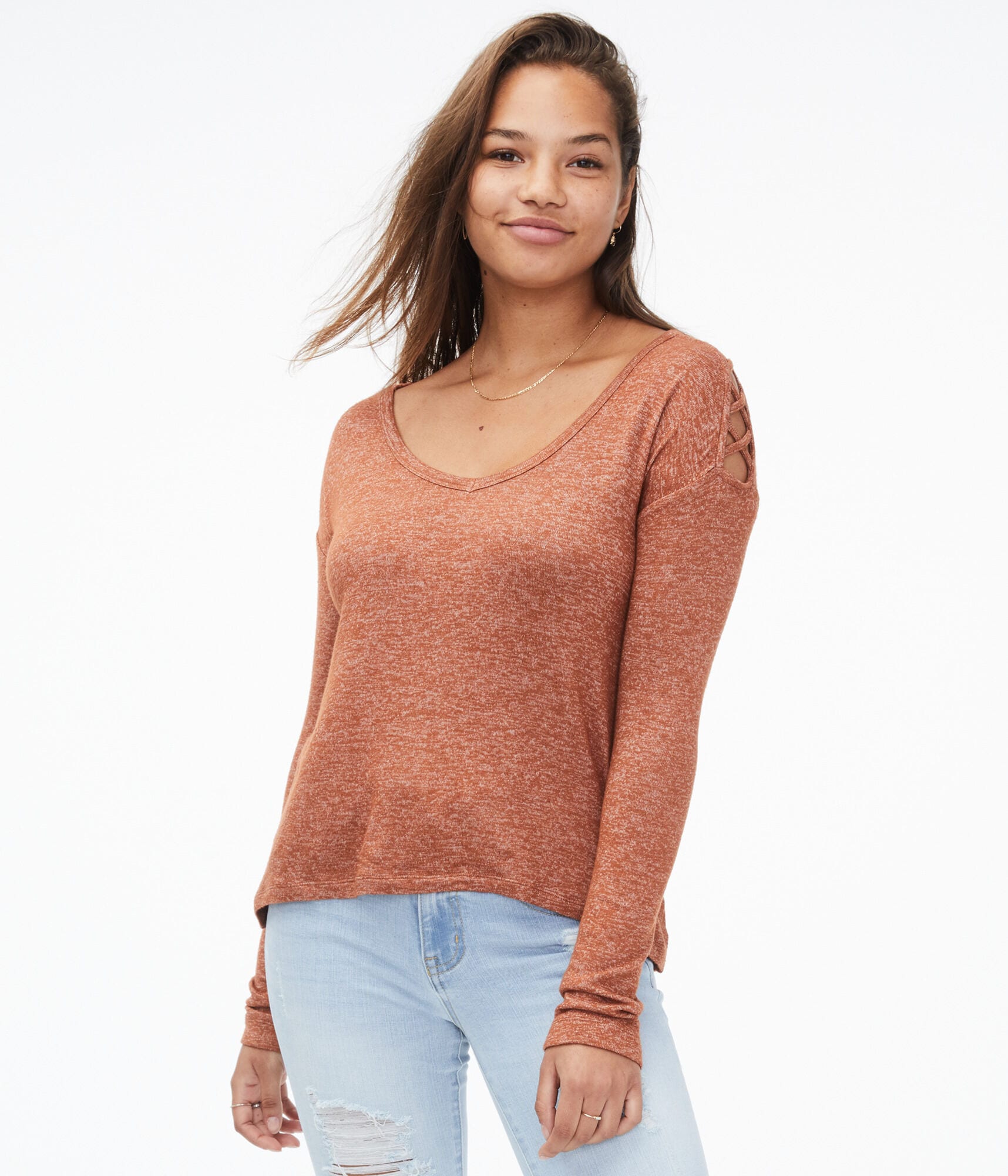 Long Sleeve Lattice Cold-Shoulder Top***