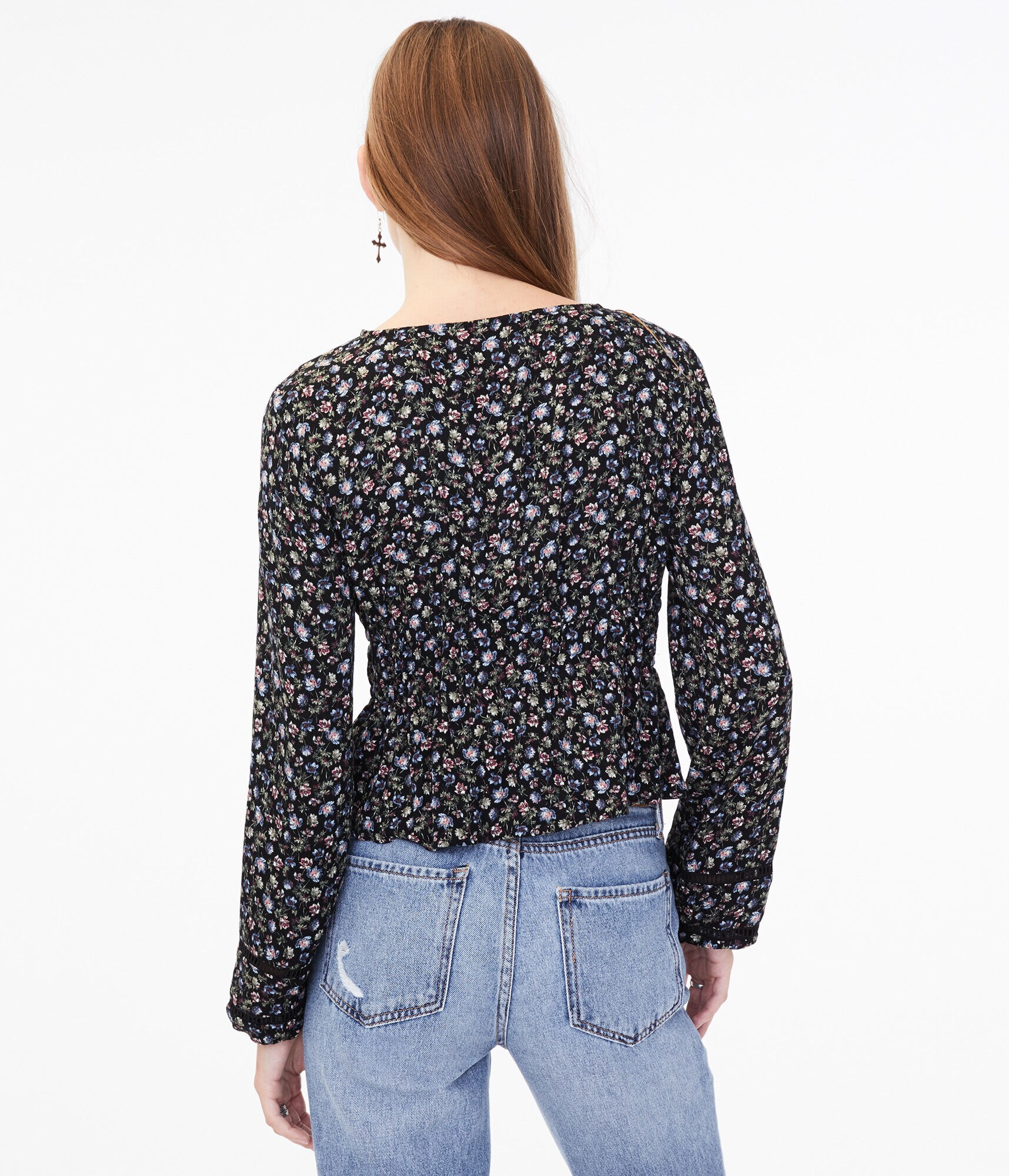 Long Sleeve Floral Tie V-Neck Top