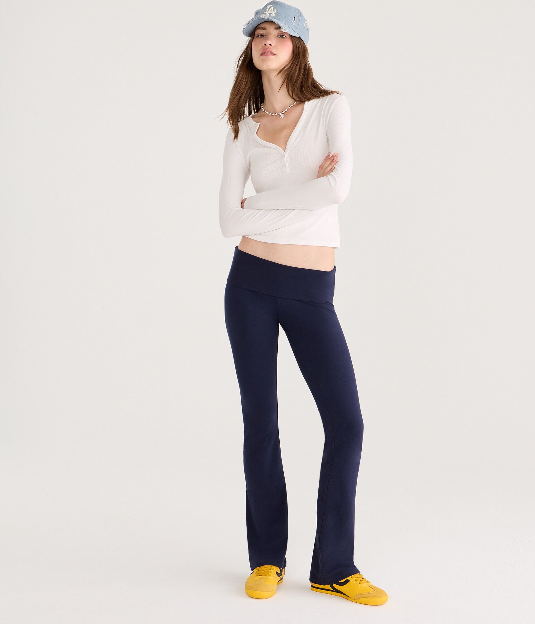 Mid-Rise Fold-Over Bootcut Pants