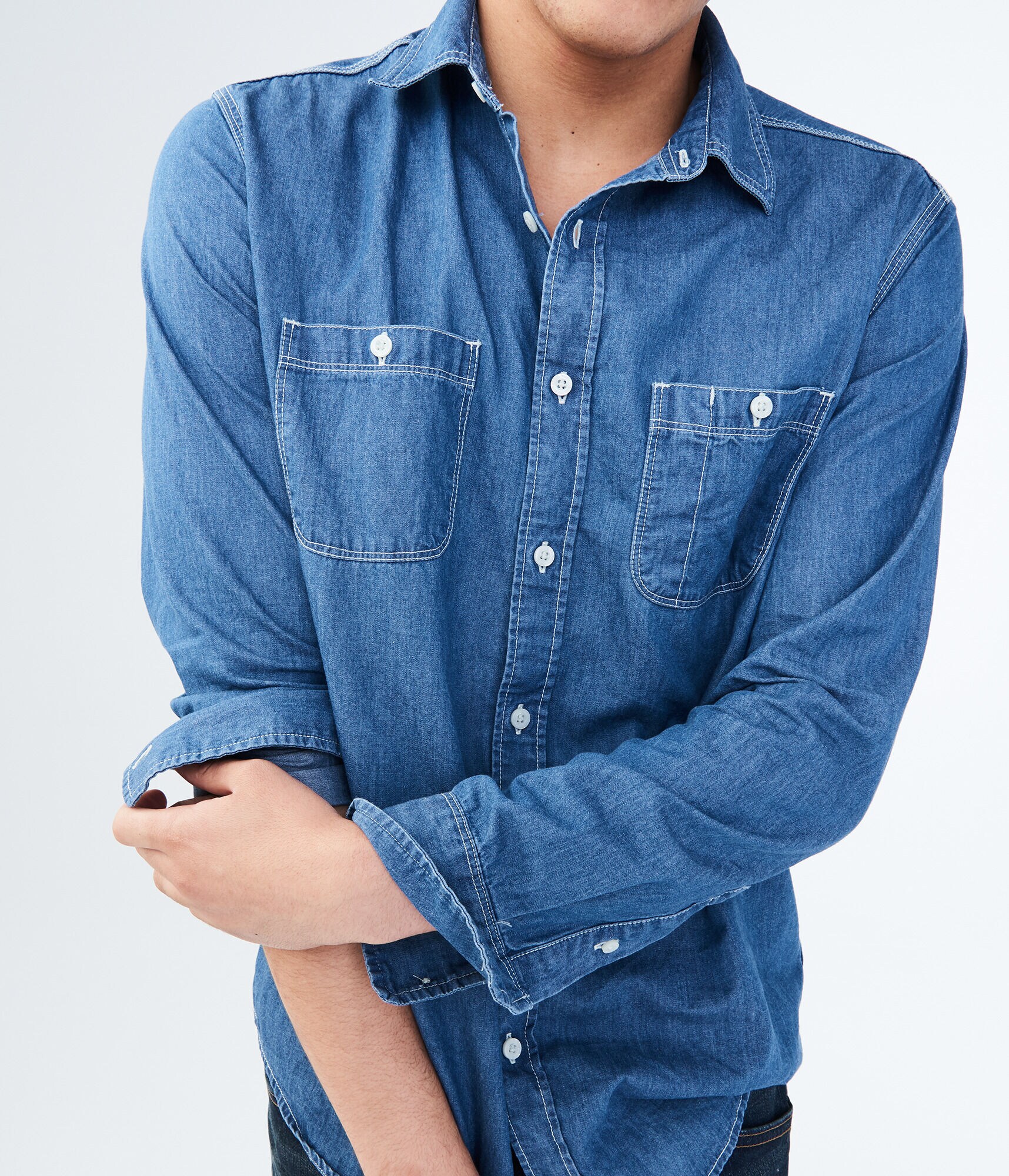 Long Sleeve Dark Wash Workwear Woven Shirt***