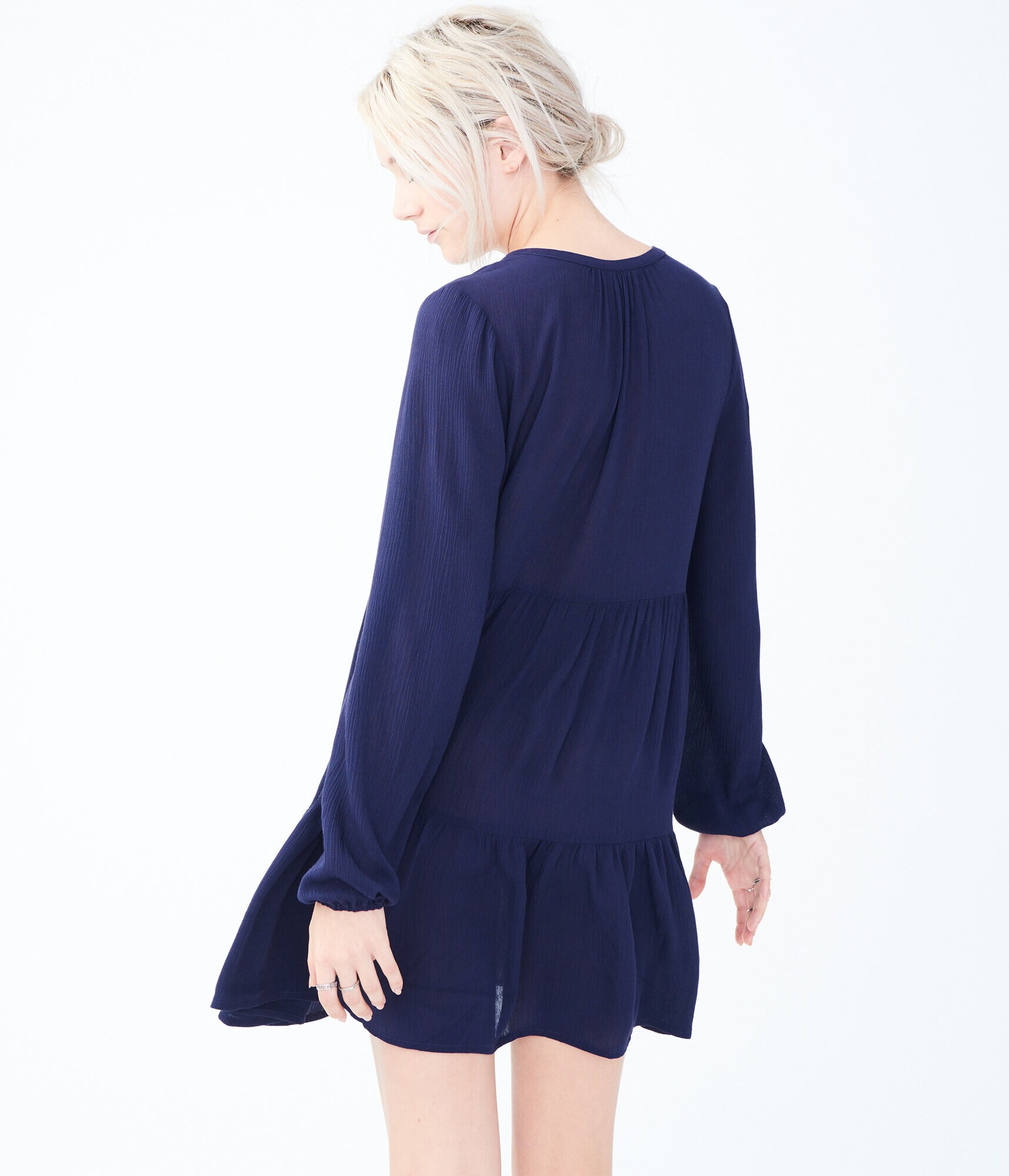 Solid Keyhole Embroidered Peasant Dress