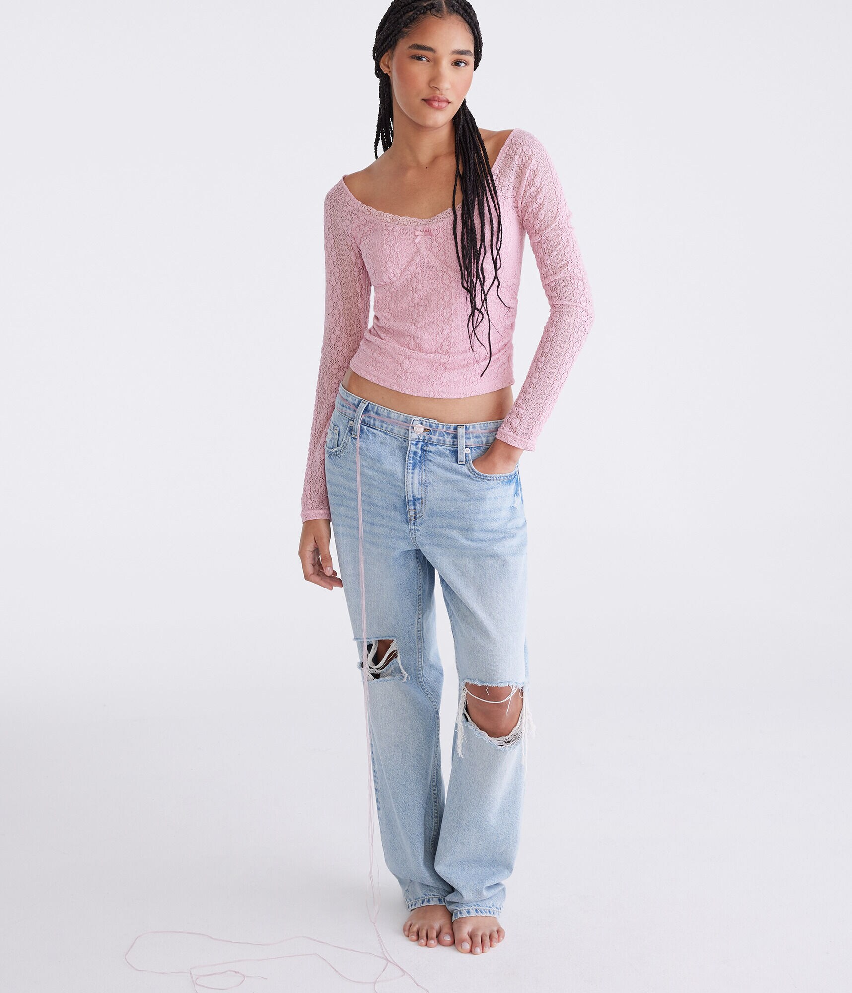 Long Sleeve Ruched Stretch Lace Top