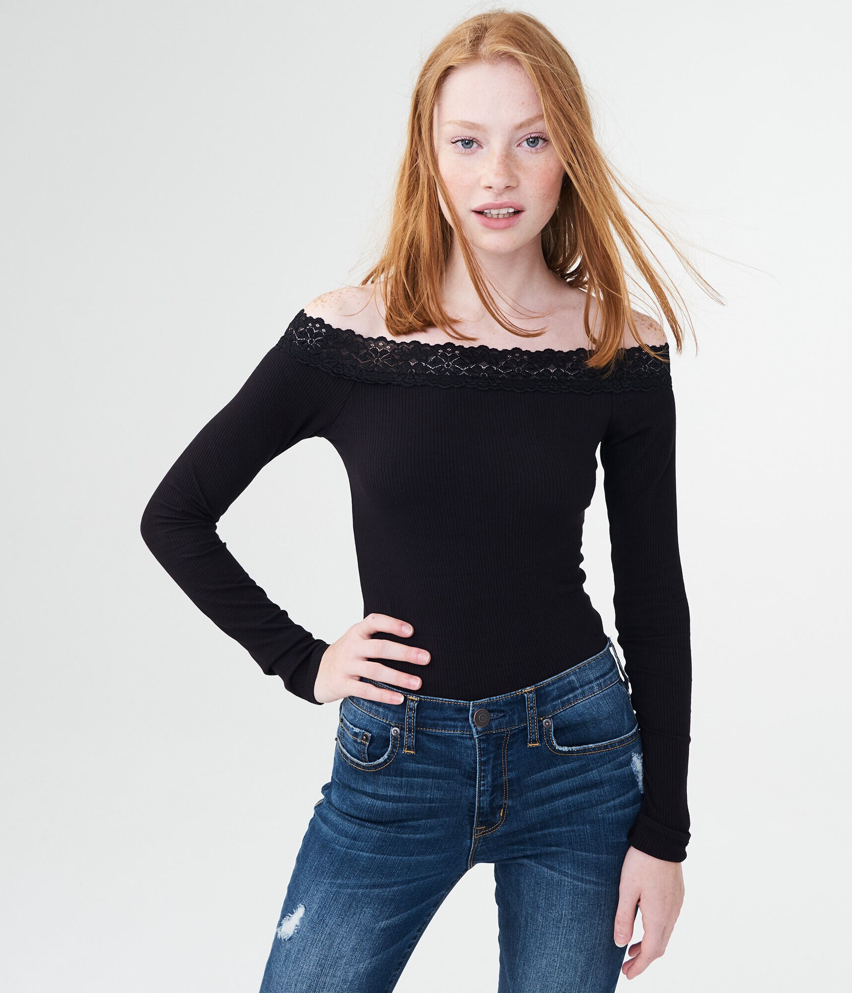 Long Sleeve Lace Off-The-Shoulder Bodycon Top
