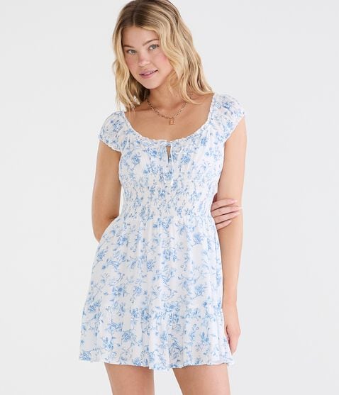 Aeropostale Womens' Floral Square-Neck Smocked Fit & Flare Mini Dress - White - Size XS - Rayon - Teen Fashion & Clothing Aeropostale Womens' Floral Square-Neck Smocked Fit & Flare Mini Dress - White - Size XS - Rayon - Teen Fashion & Clothing