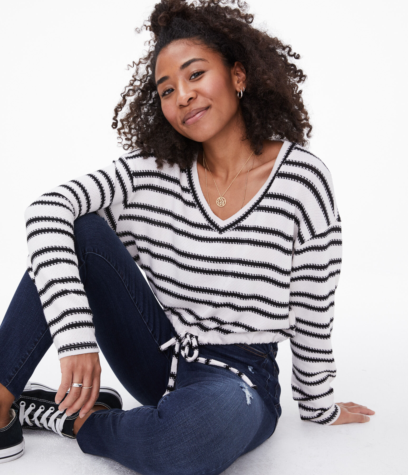 Striped Cinched Cropped V-Neck Top