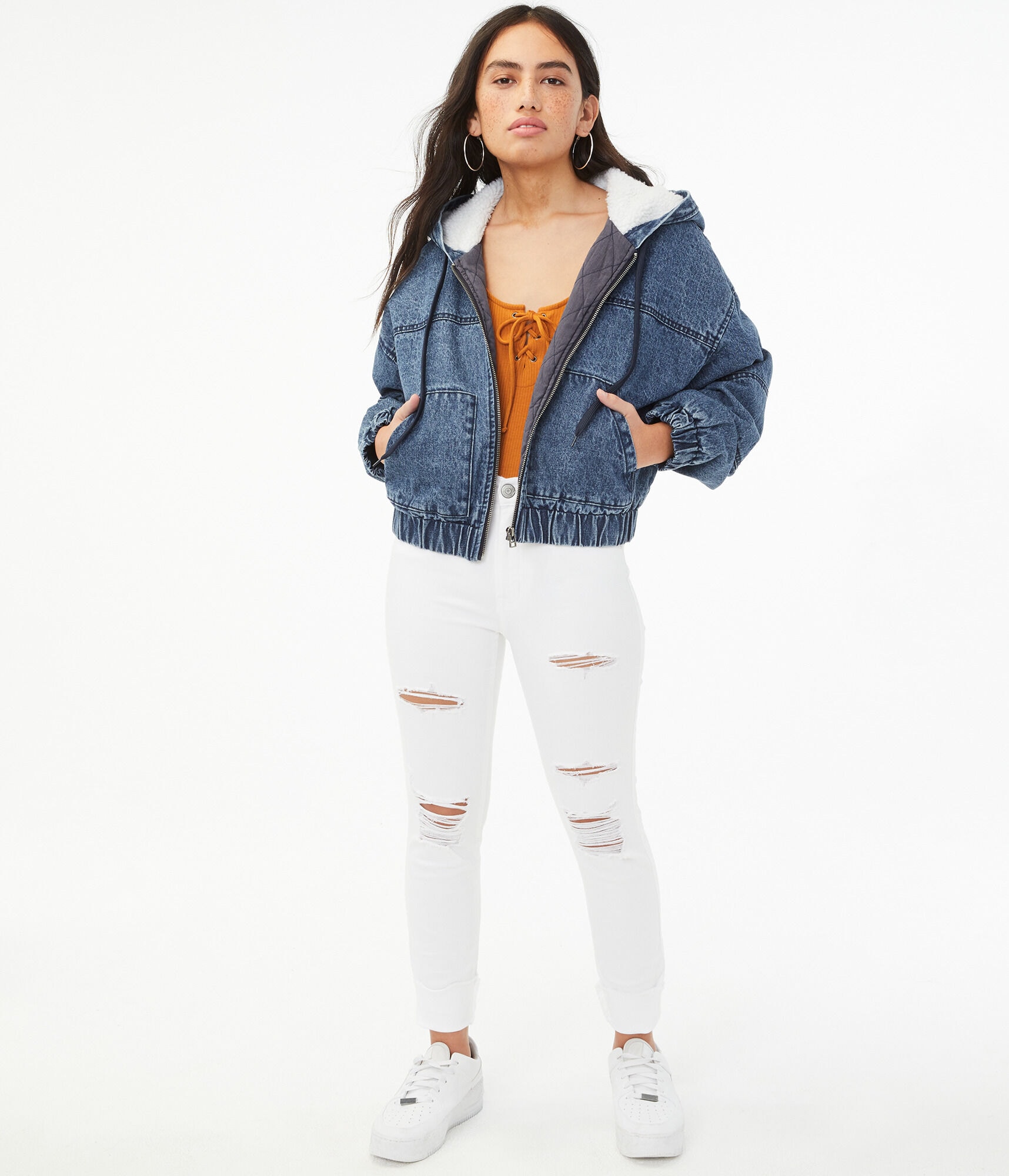 Denim Sherpa Hooded Cropped Jacket