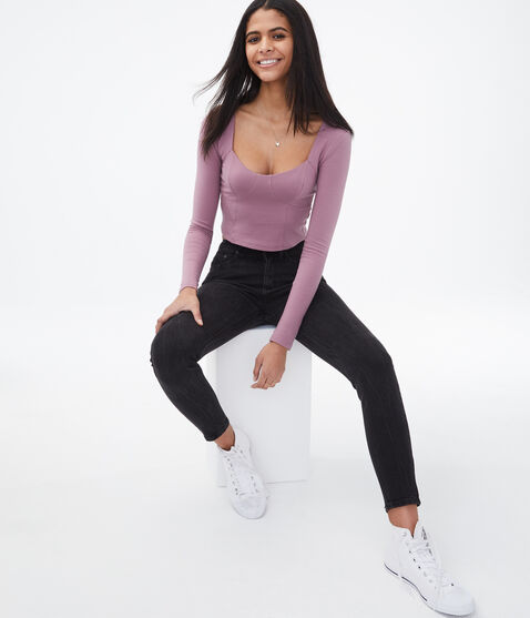 Long Sleeve Seamed Cup Bodycon Crop Top Long Sleeve Seamed Cup Bodycon Crop Top