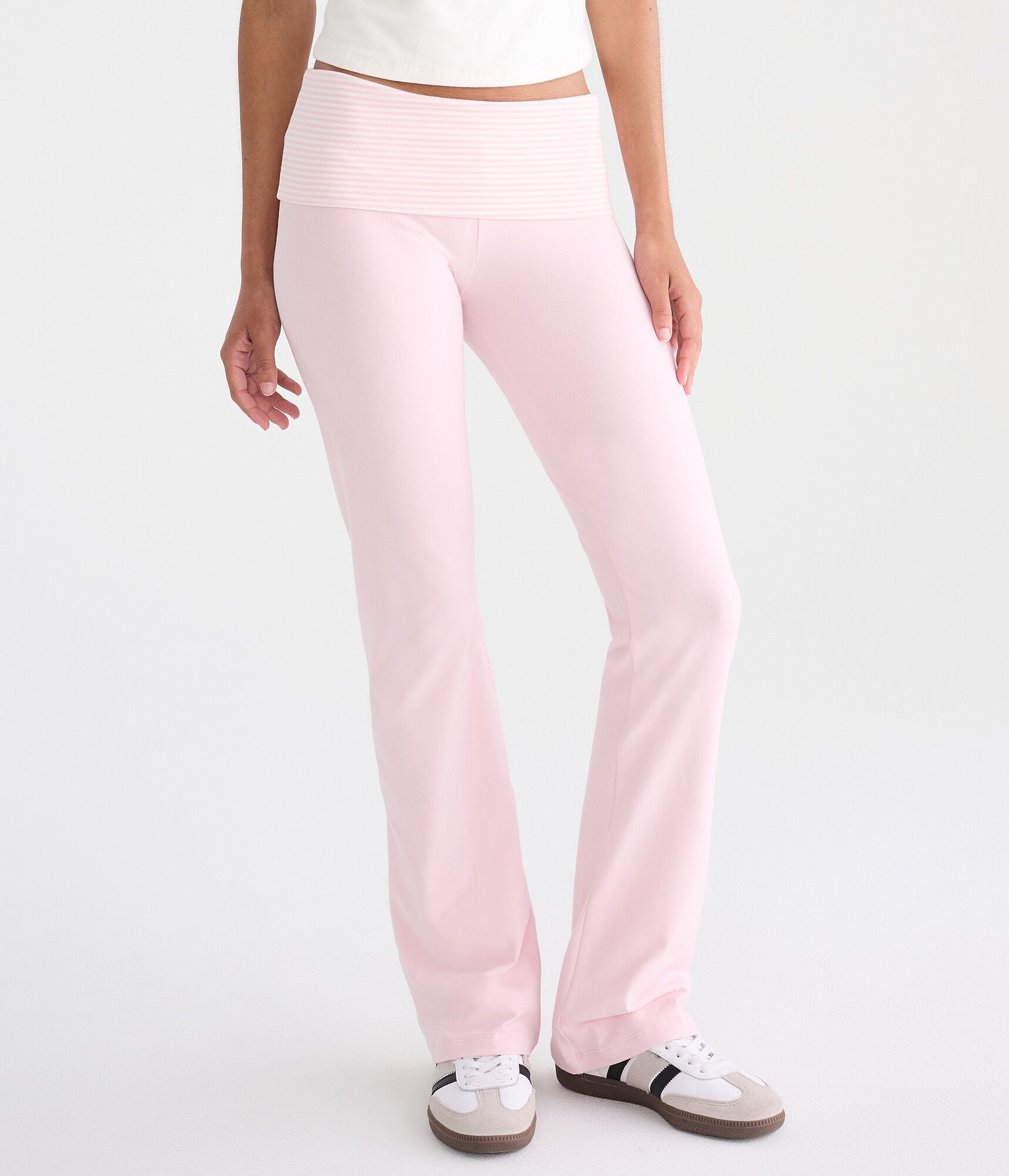 Striped Mid-Rise Fold-Over Bootcut Pants