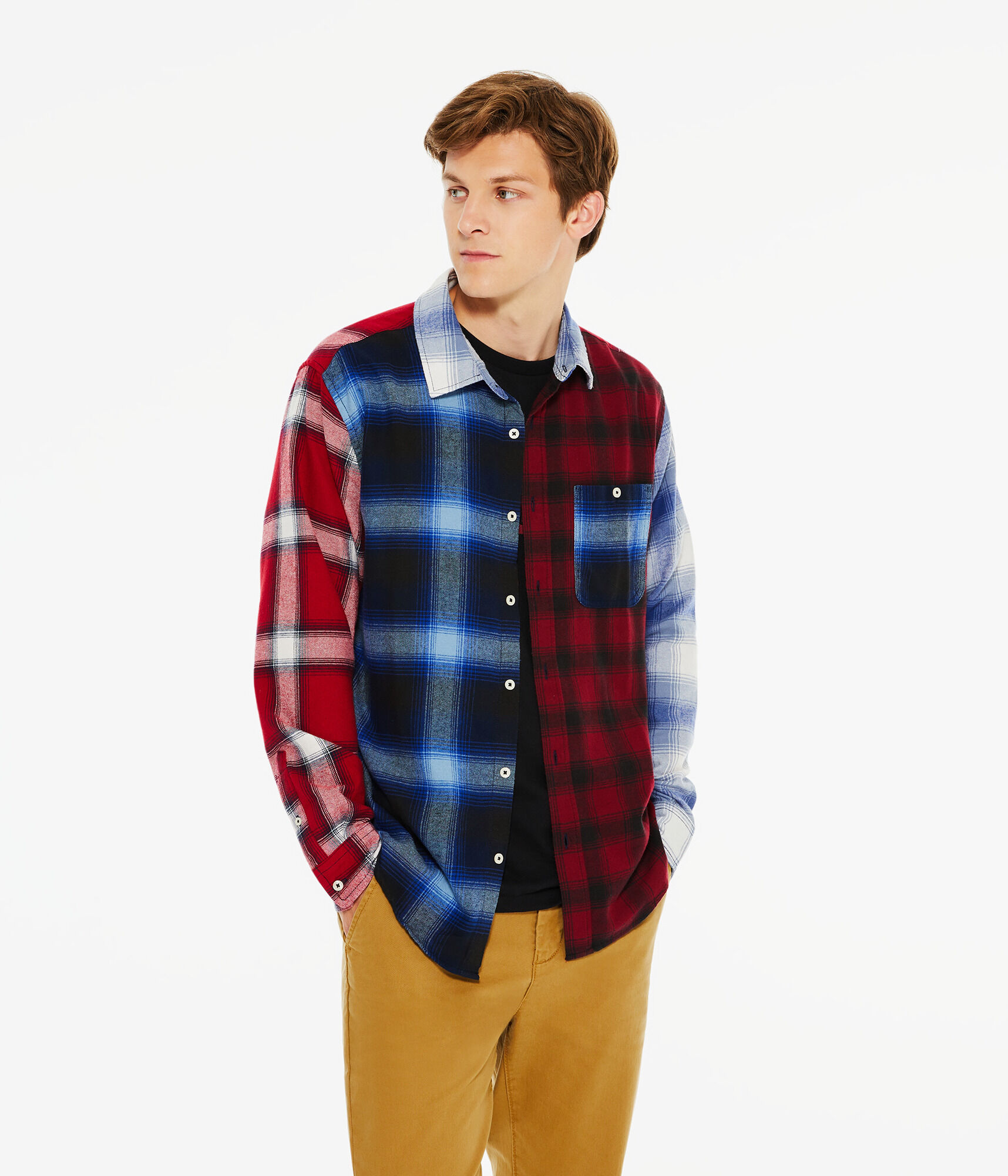Long Sleeve Split Plaid Flannel Button-Down Shirt