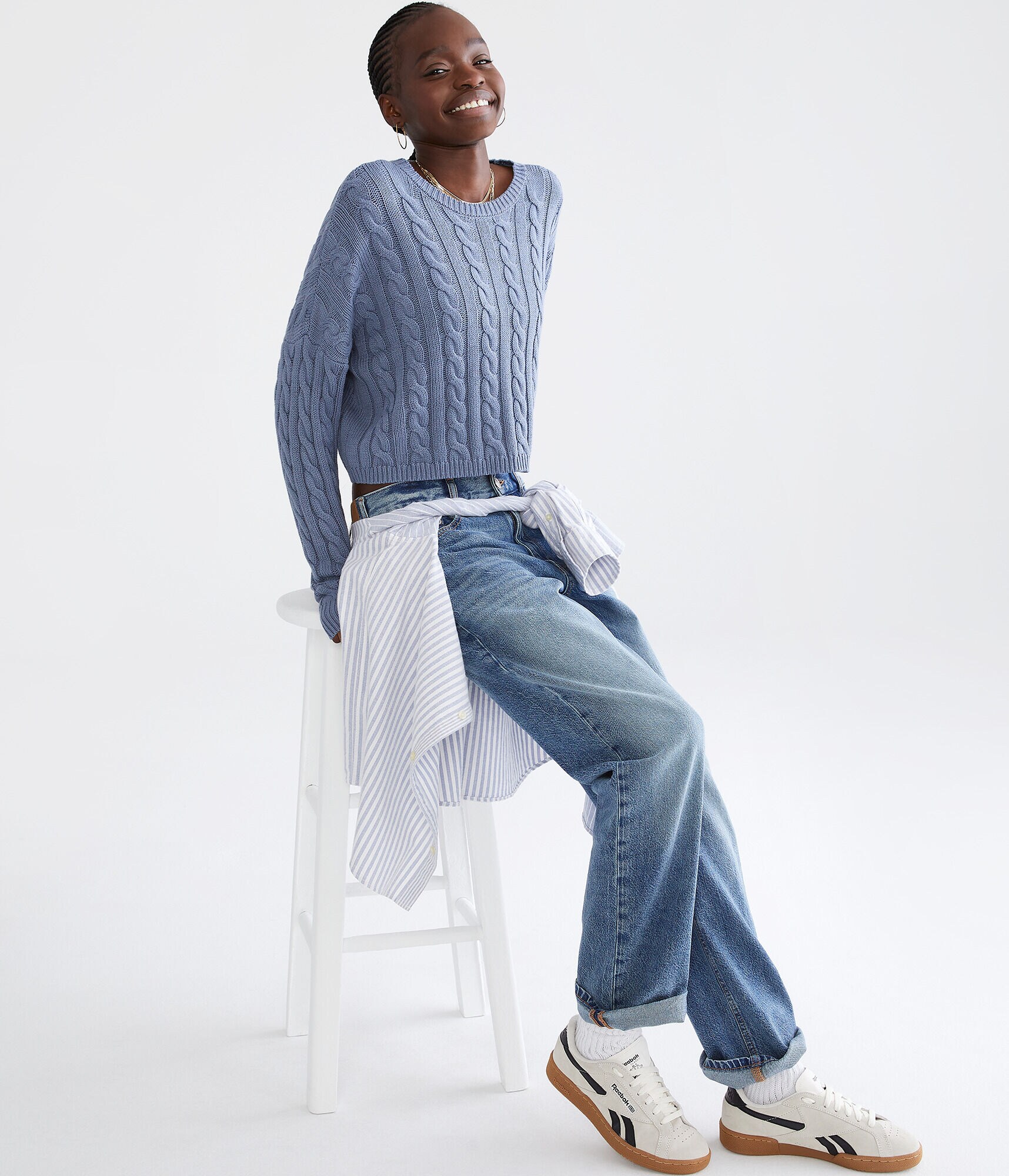 Cable-Knit Cropped Crew Sweater