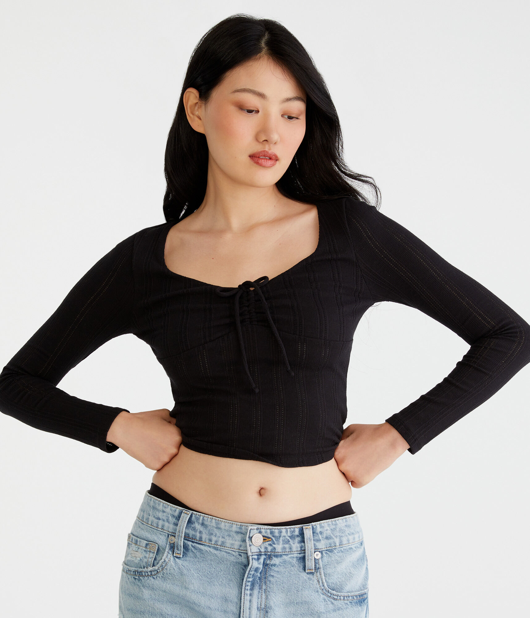 Long Sleeve Cinch-Front V-Neck Crop Top