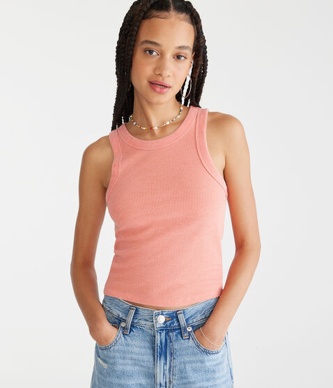 Washed High-Neck Cropped Waffle Tank Washed High-Neck Cropped Waffle Tank