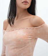 Long Sleeve Seamless Acid Wash Off-The-Shoulder Crop Top