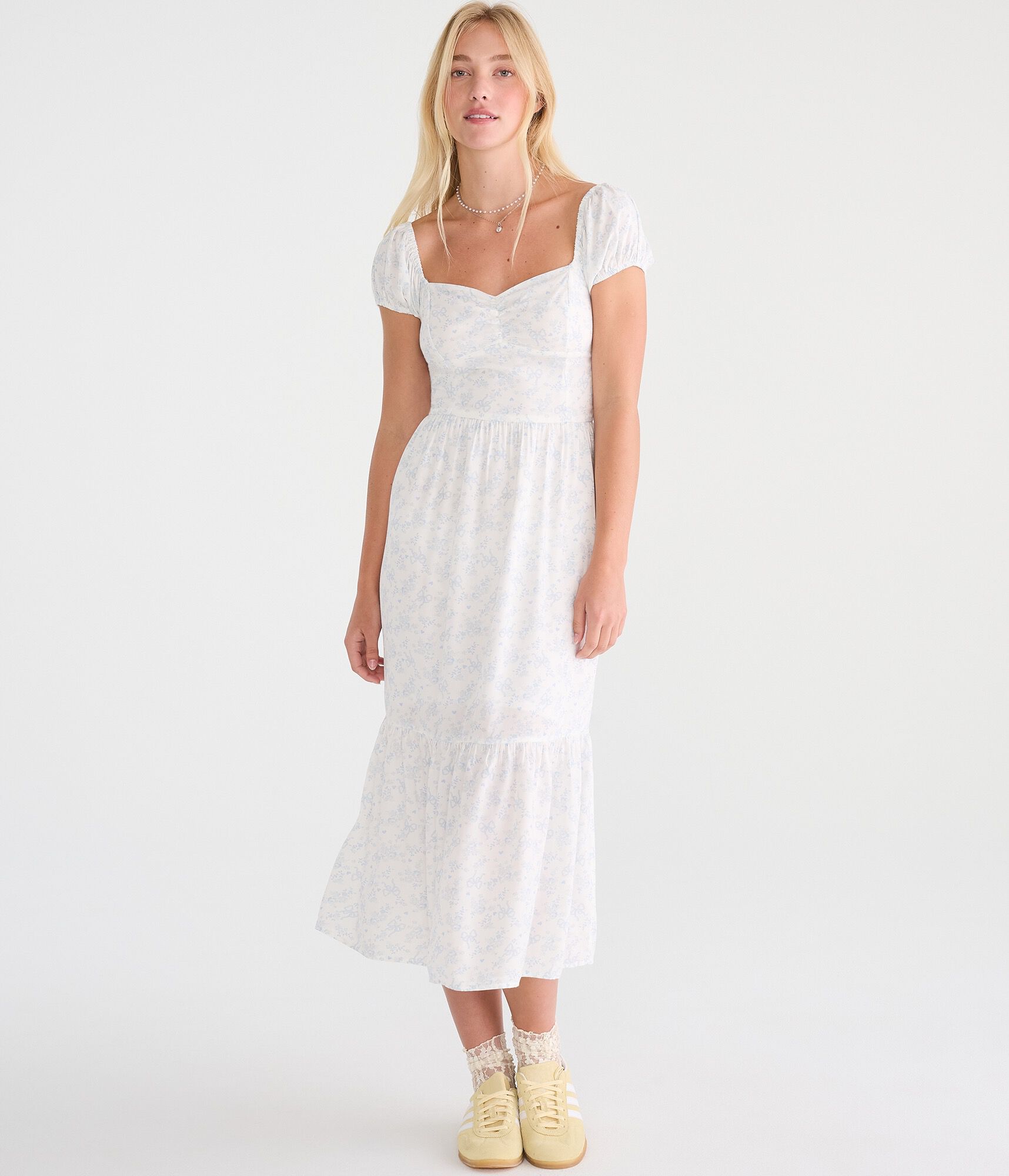 Floral Bow Print Sweetheart Midi Dress