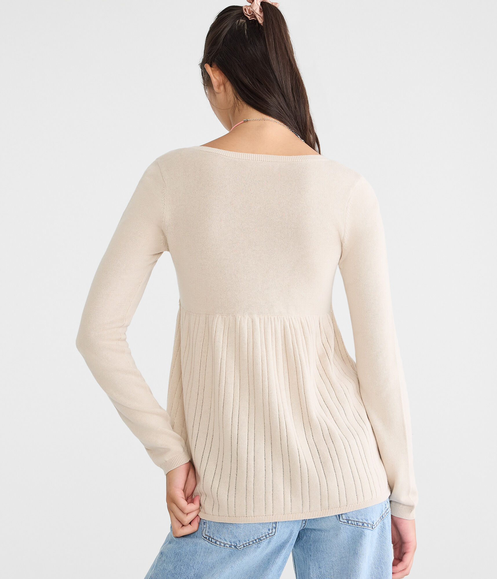 Cable Open-Stitch Square-Neck Babydoll Sweater