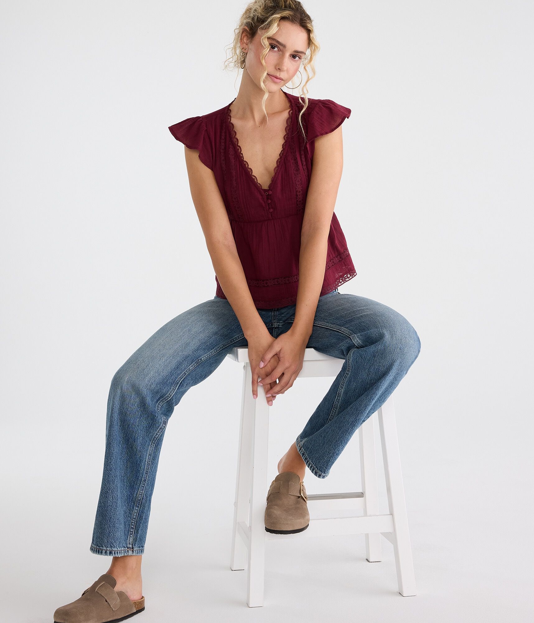Lace &amp; Pintuck V-Neck Tie-Back Blouse