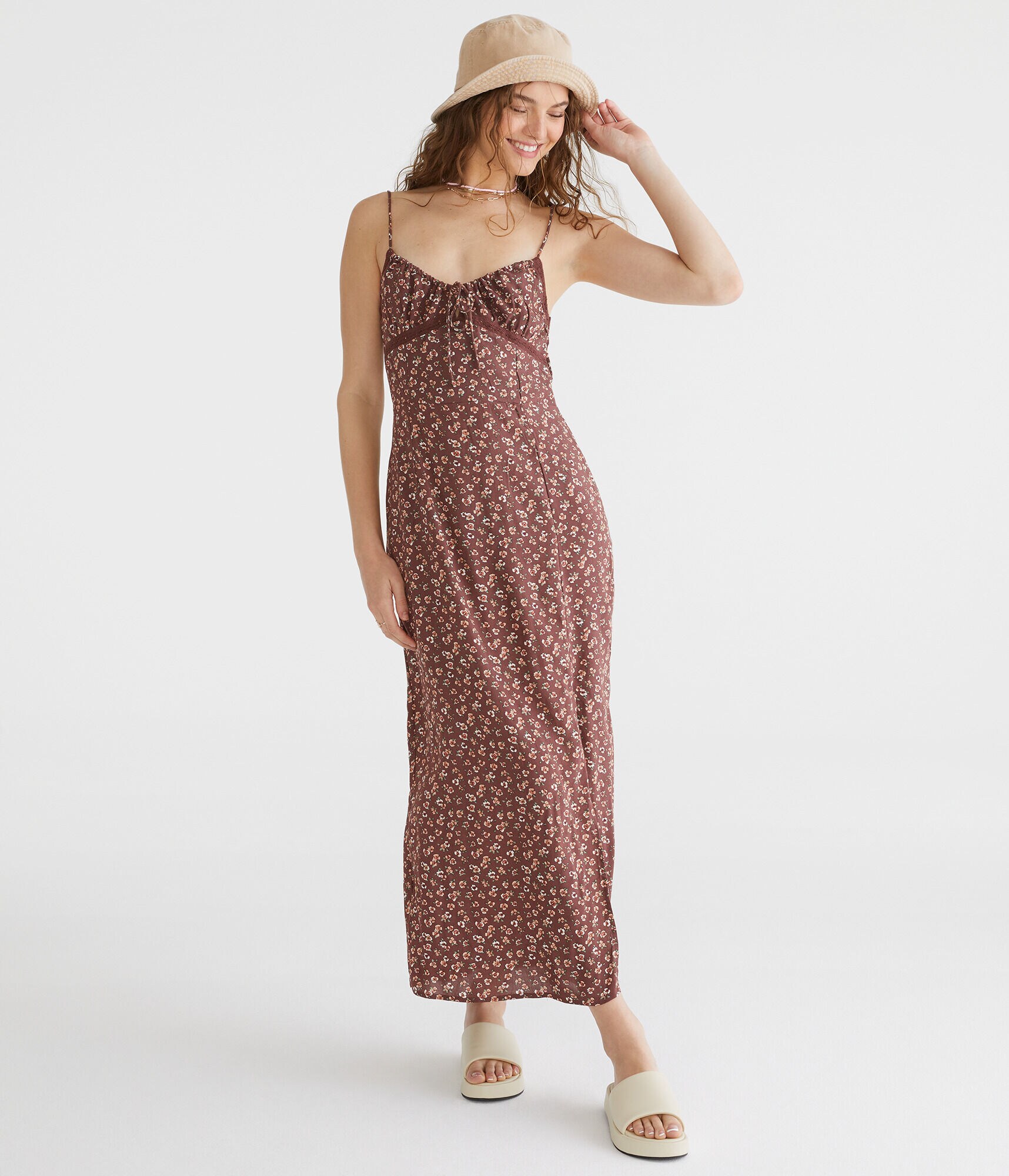 Floral V-Neck Lace-Trim Midi Dress