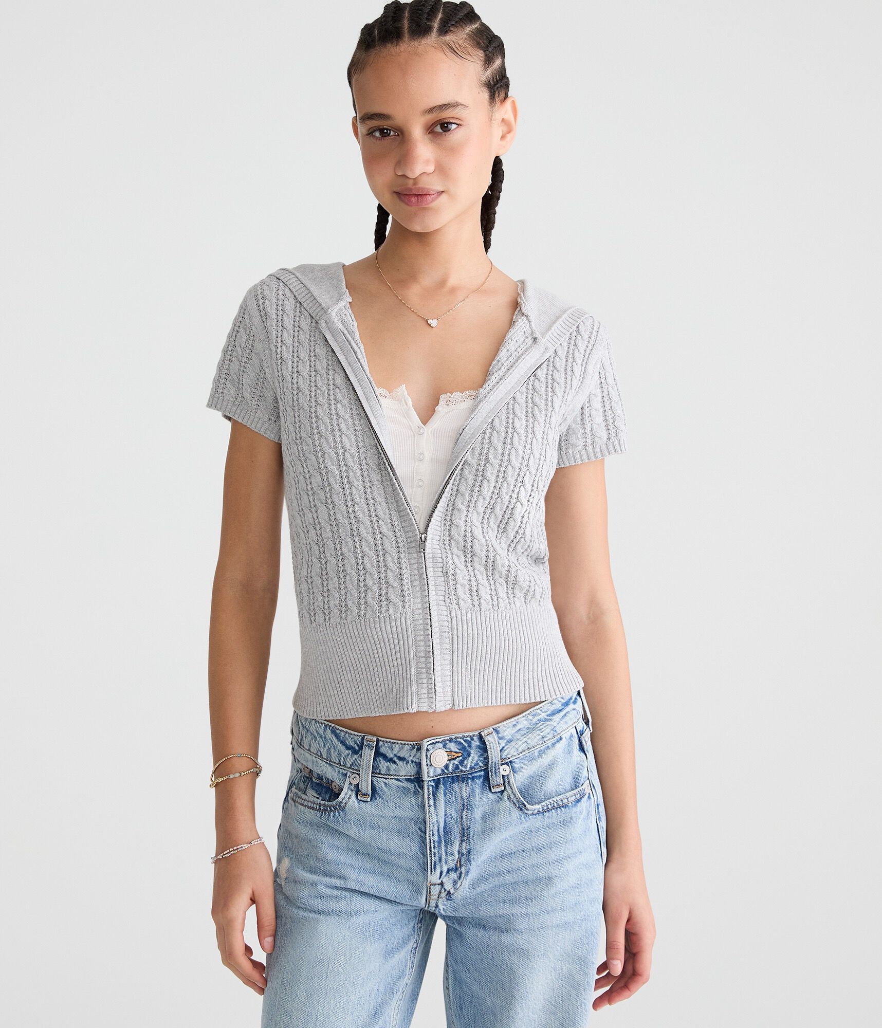 Short Sleeve Full-Zip Sweater Hoodie