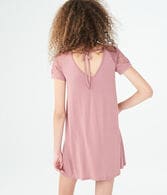 Solid V-Neck Lace-Shoulder Shift Dress