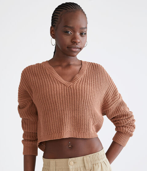 Shaker Stitch Cropped V-Neck Sweater