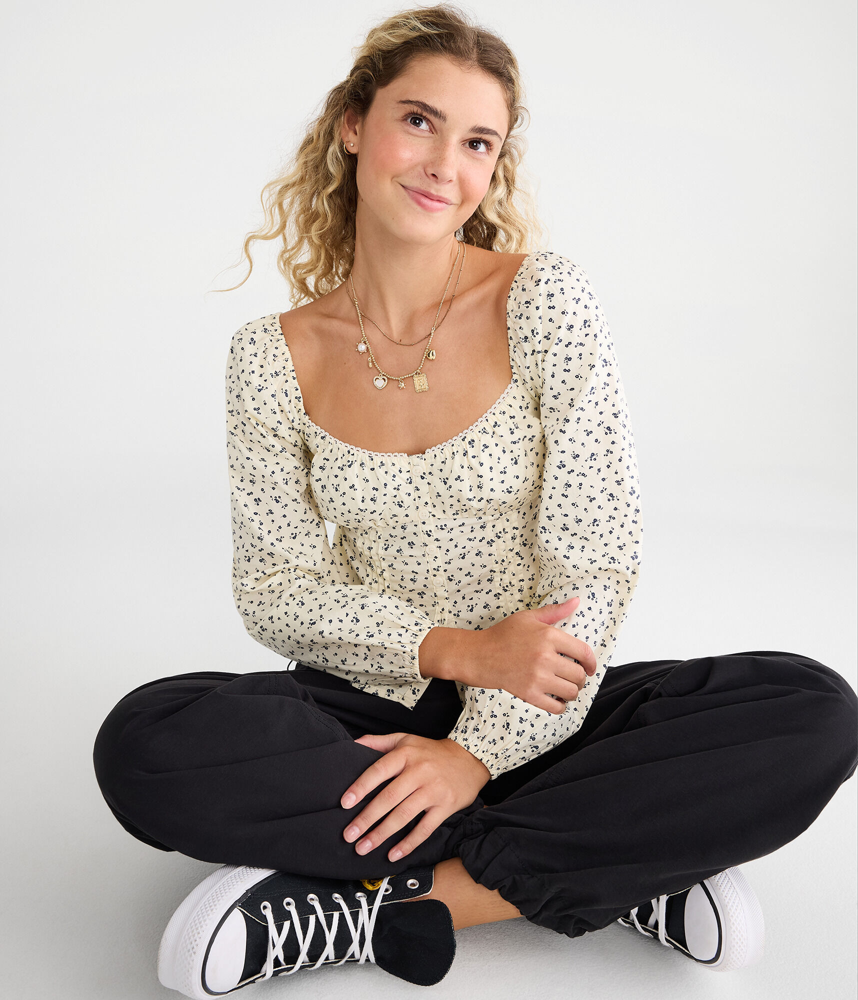 Long Sleeve Floral Pleated Babydoll Top