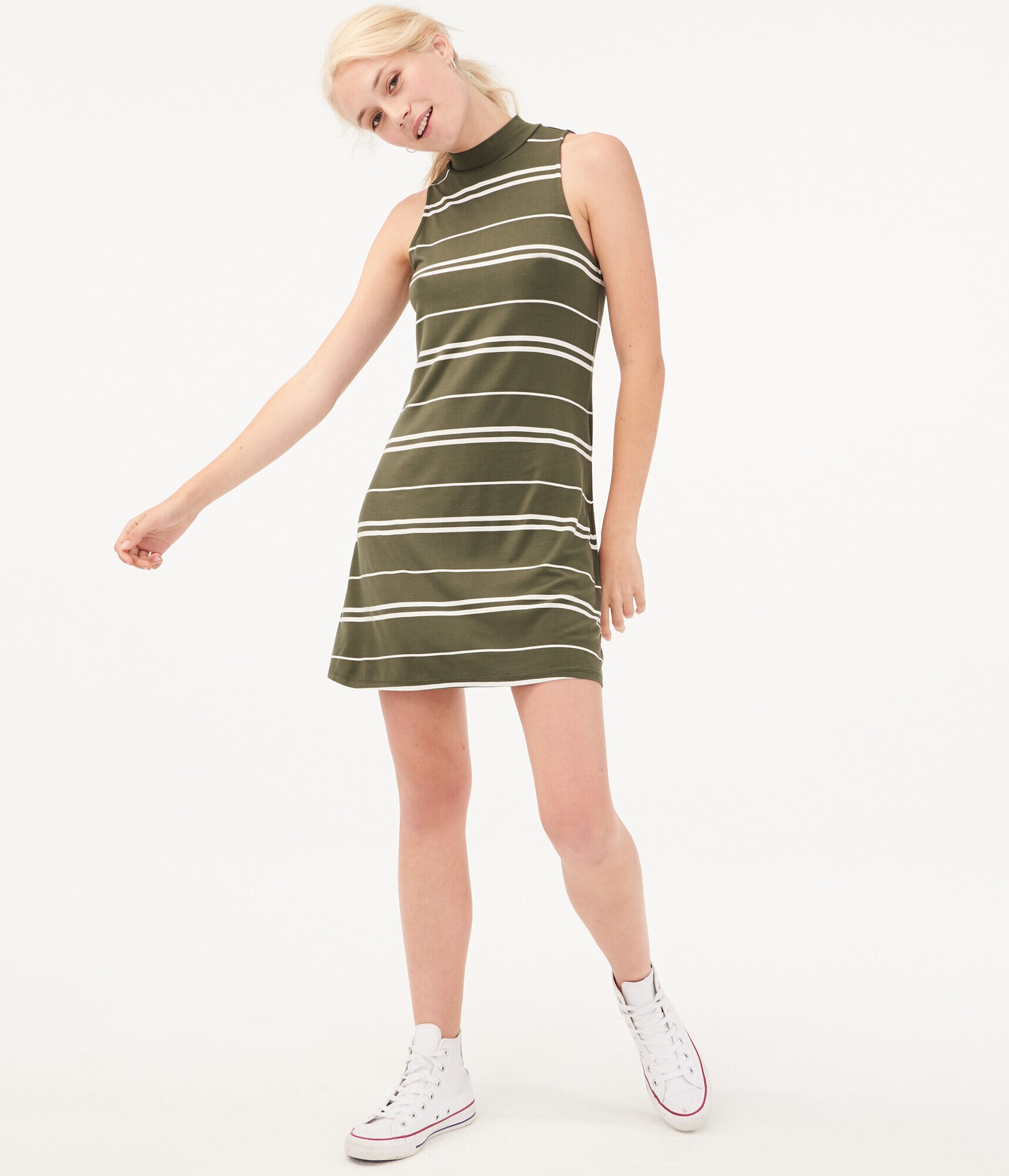 Seriously Soft Striped Mock-Neck Swing Dress
