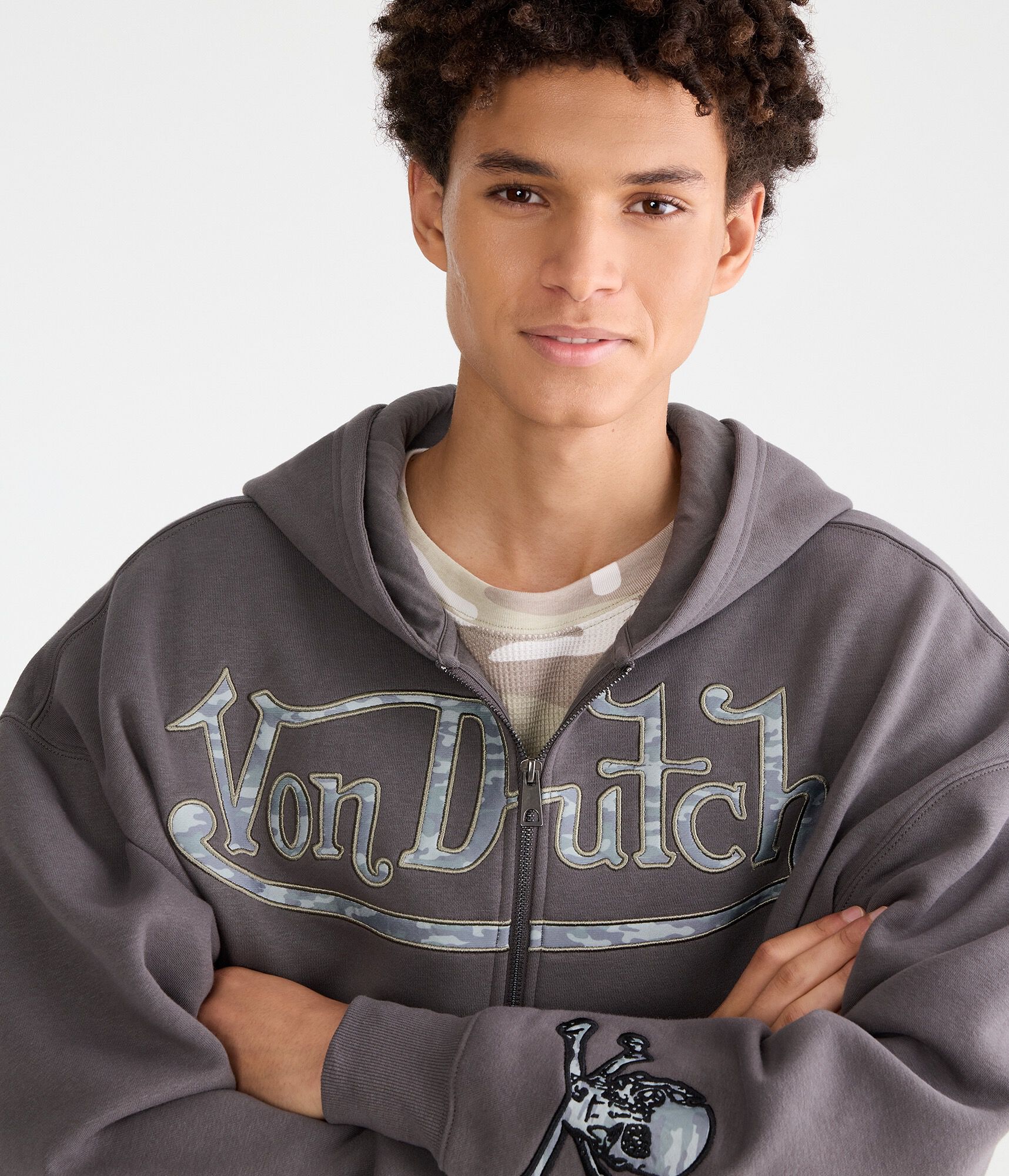 Von Dutch Camo Skull Boxy Full-Zip Hoodie