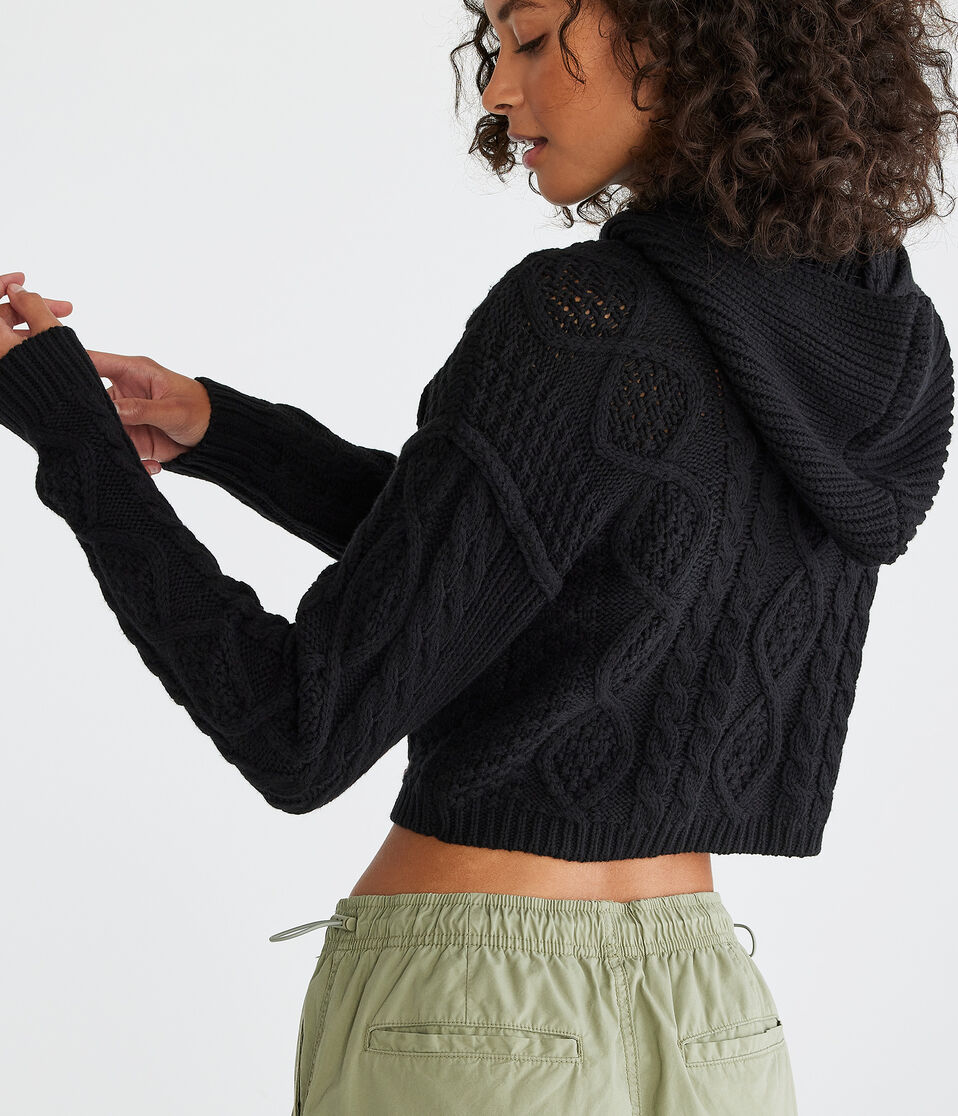 Cropped Cable-Knit Hooded Sweater
