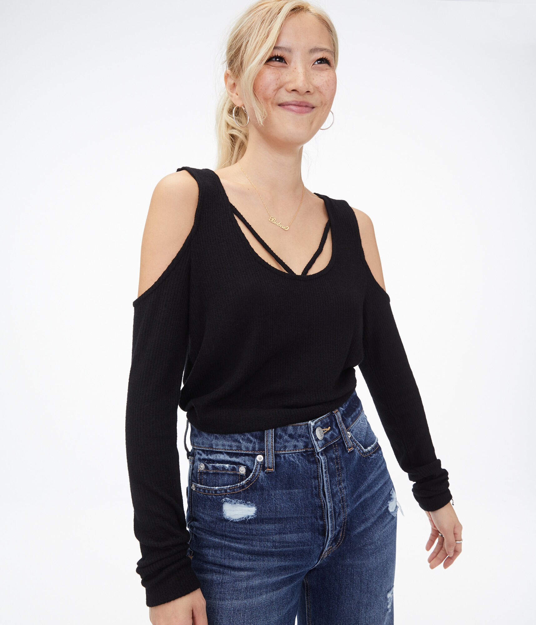 Long Sleeve Strappy Cold-Shoulder Top***