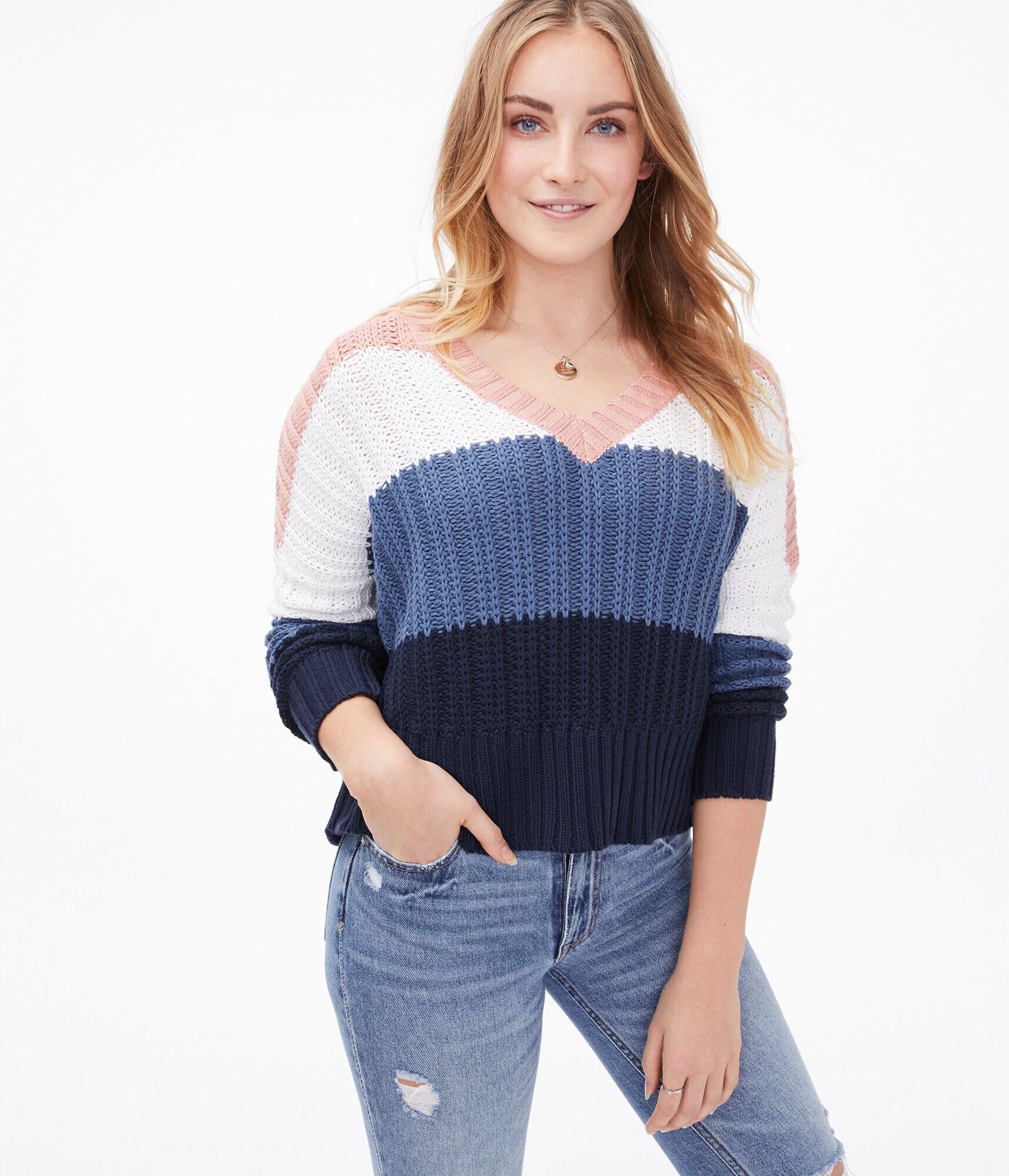 Striped Cropped V-Neck Sweater