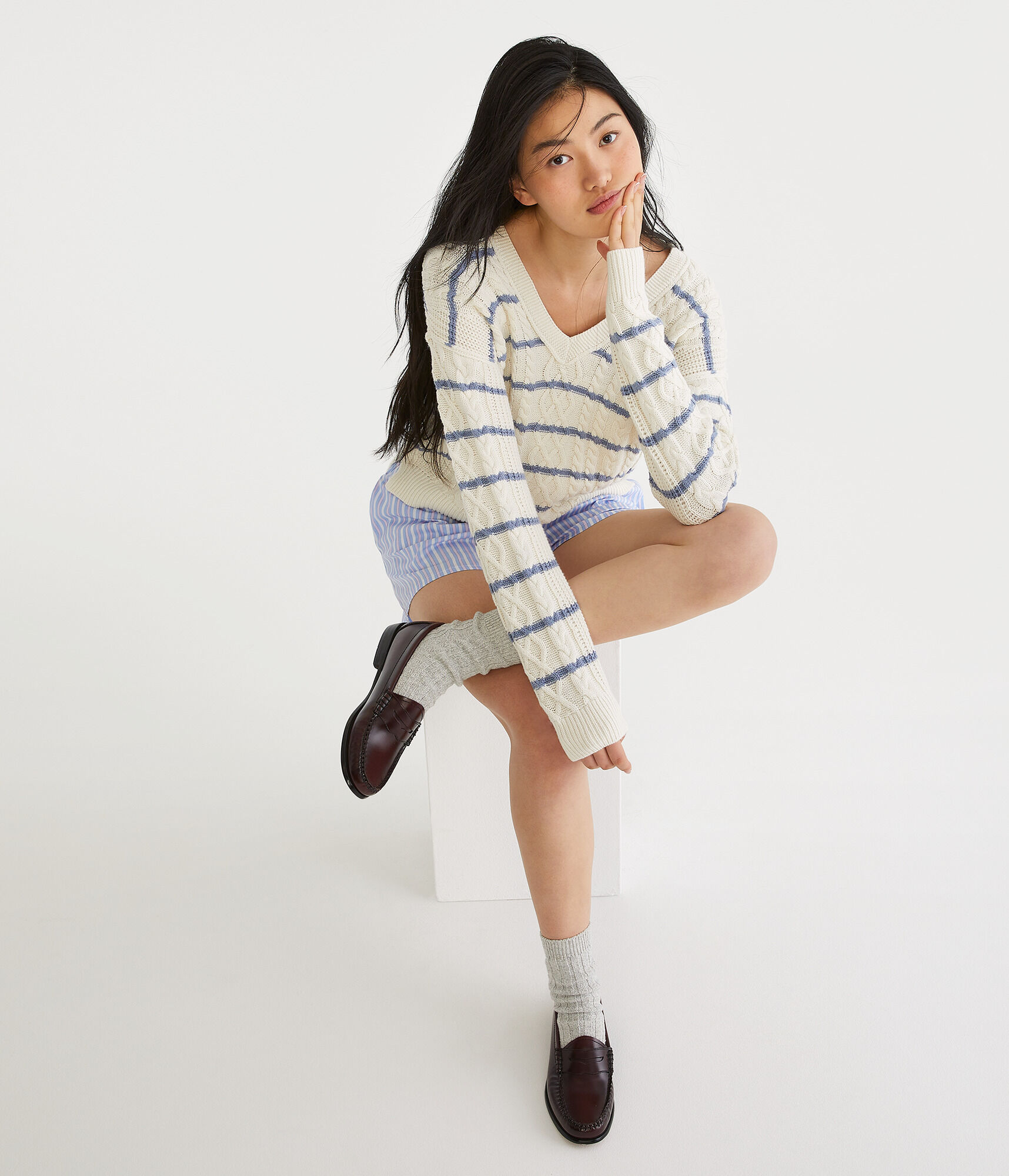 Striped Slouchy Cable V-Neck Sweater