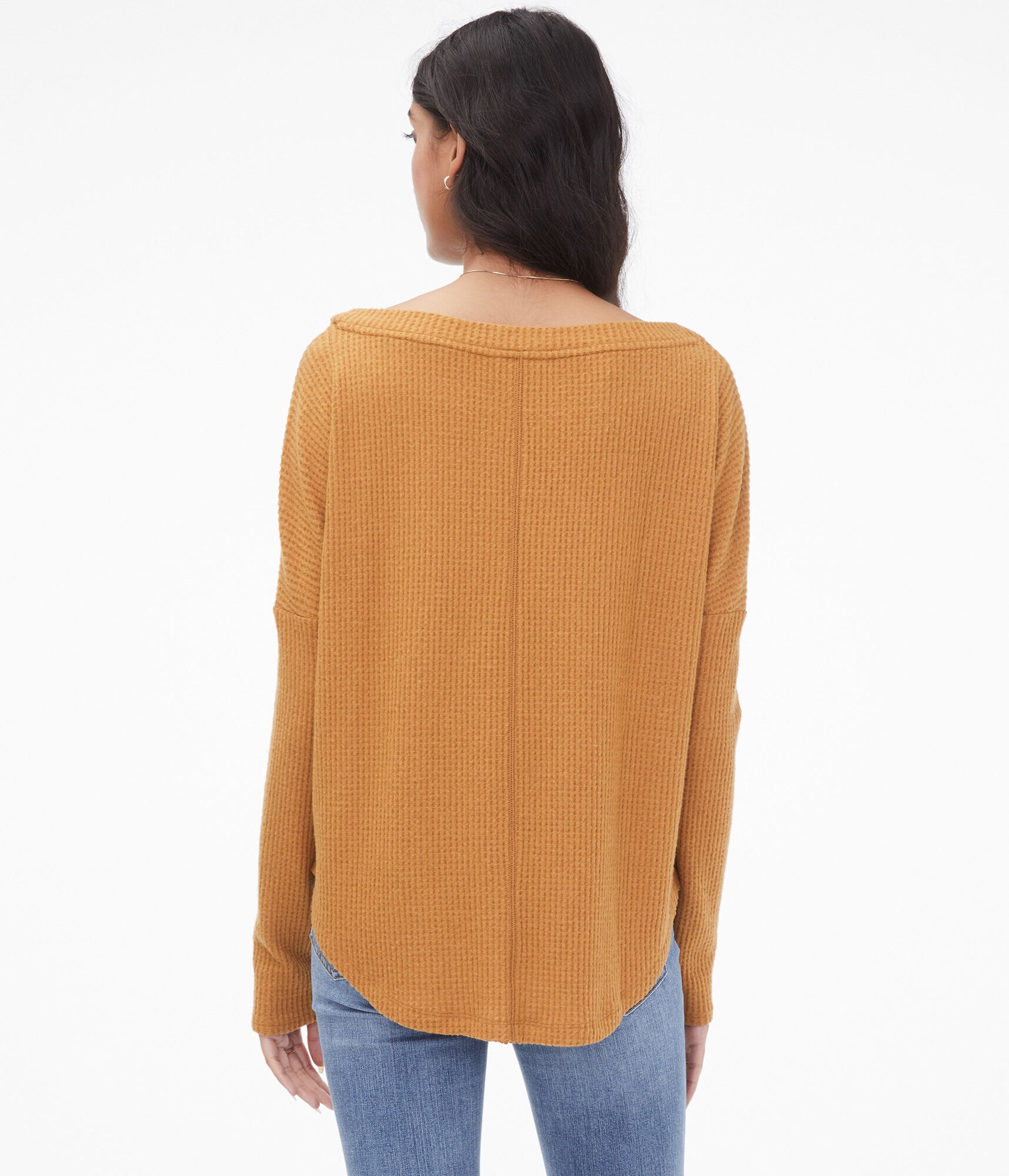 Long Sleeve Waffle-Knit Boat-Neck Top