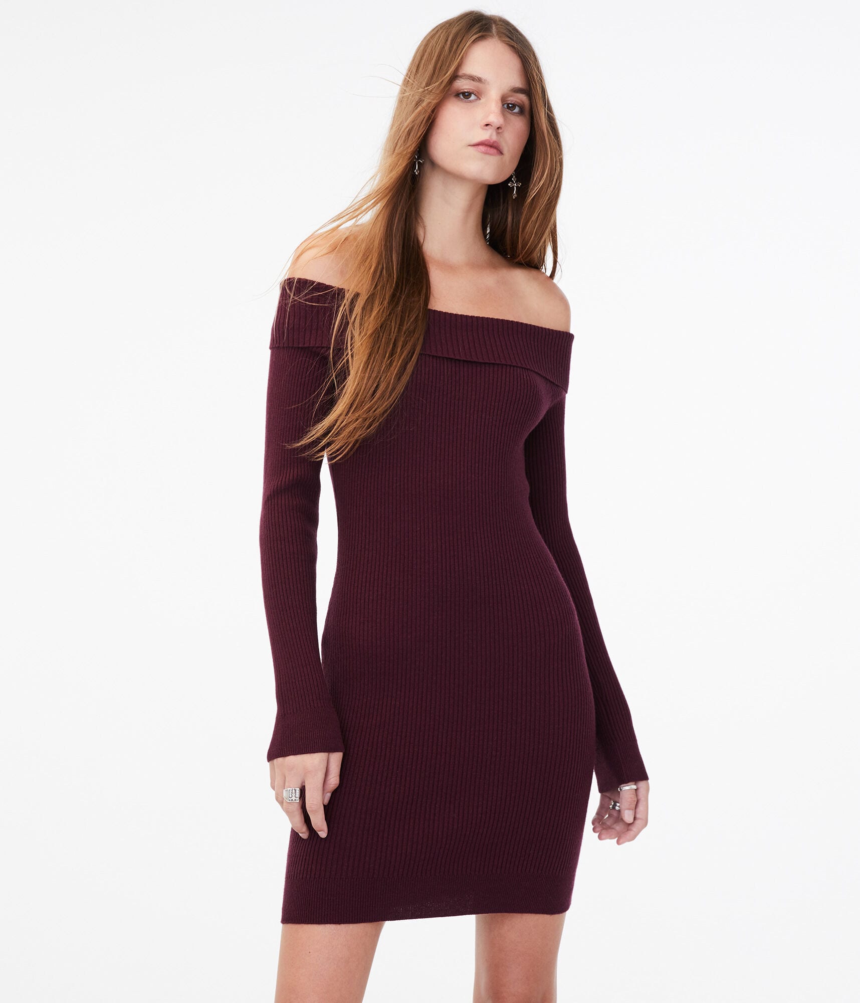 Long Sleeve Ribbed Off-The-Shoulder Sweater Dress Long Sleeve Ribbed Off-The-Shoulder Sweater Dress