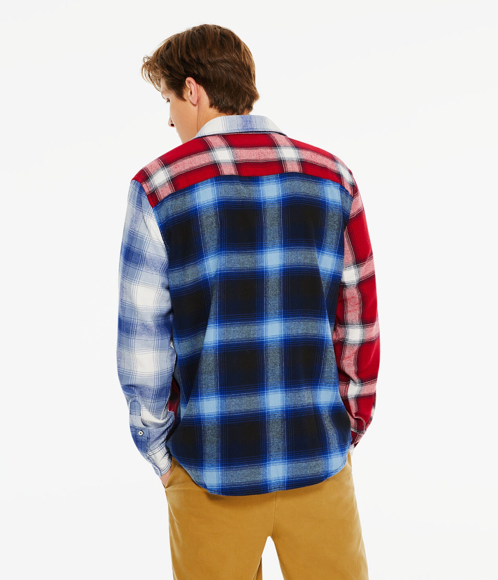 Long Sleeve Split Plaid Flannel Button-Down Shirt