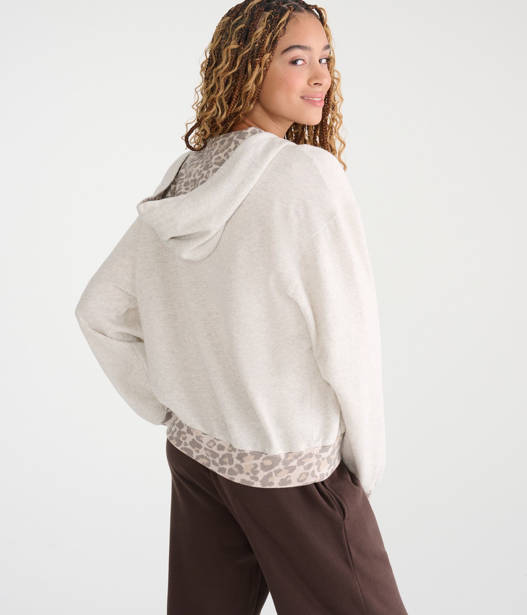 Cloud Soft Leopard-Trim Oversized Full-Zip Hoodie