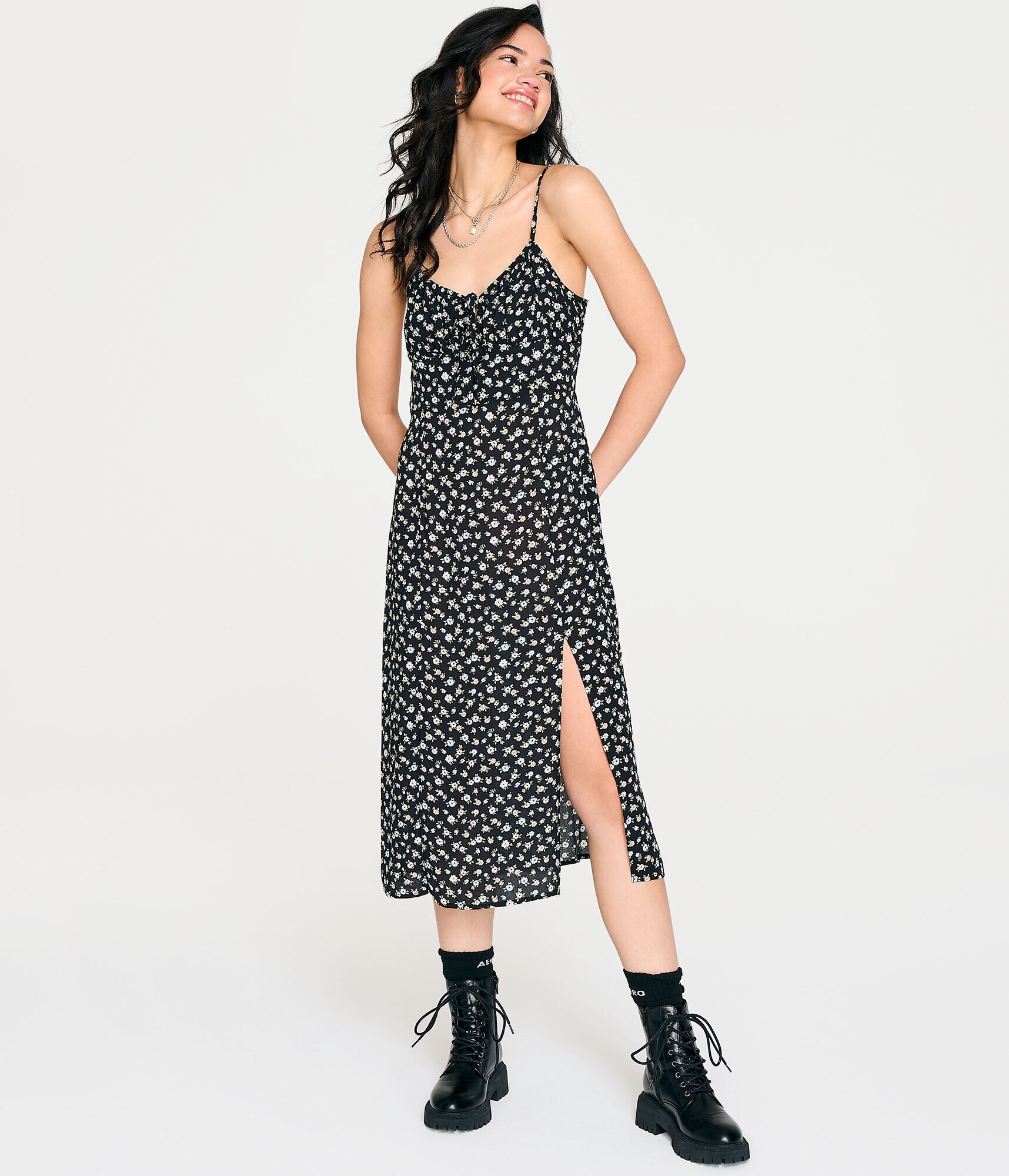 Floral Notch-Neck Ruched Midi Dress