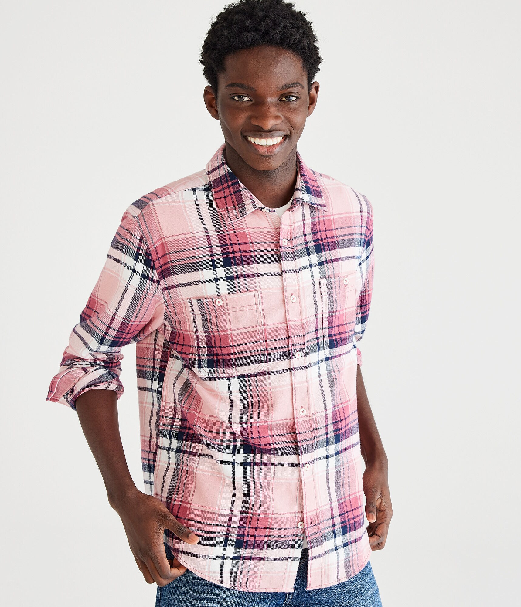 Long Sleeve Relaxed Washed Plaid Flannel Shirt