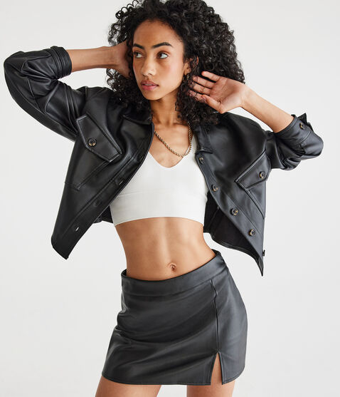 Faux Leather Notched Mini Skirt Faux Leather Notched Mini Skirt