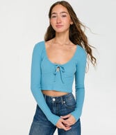 Long Sleeve Tie-Front Cropped Shrunken Tee