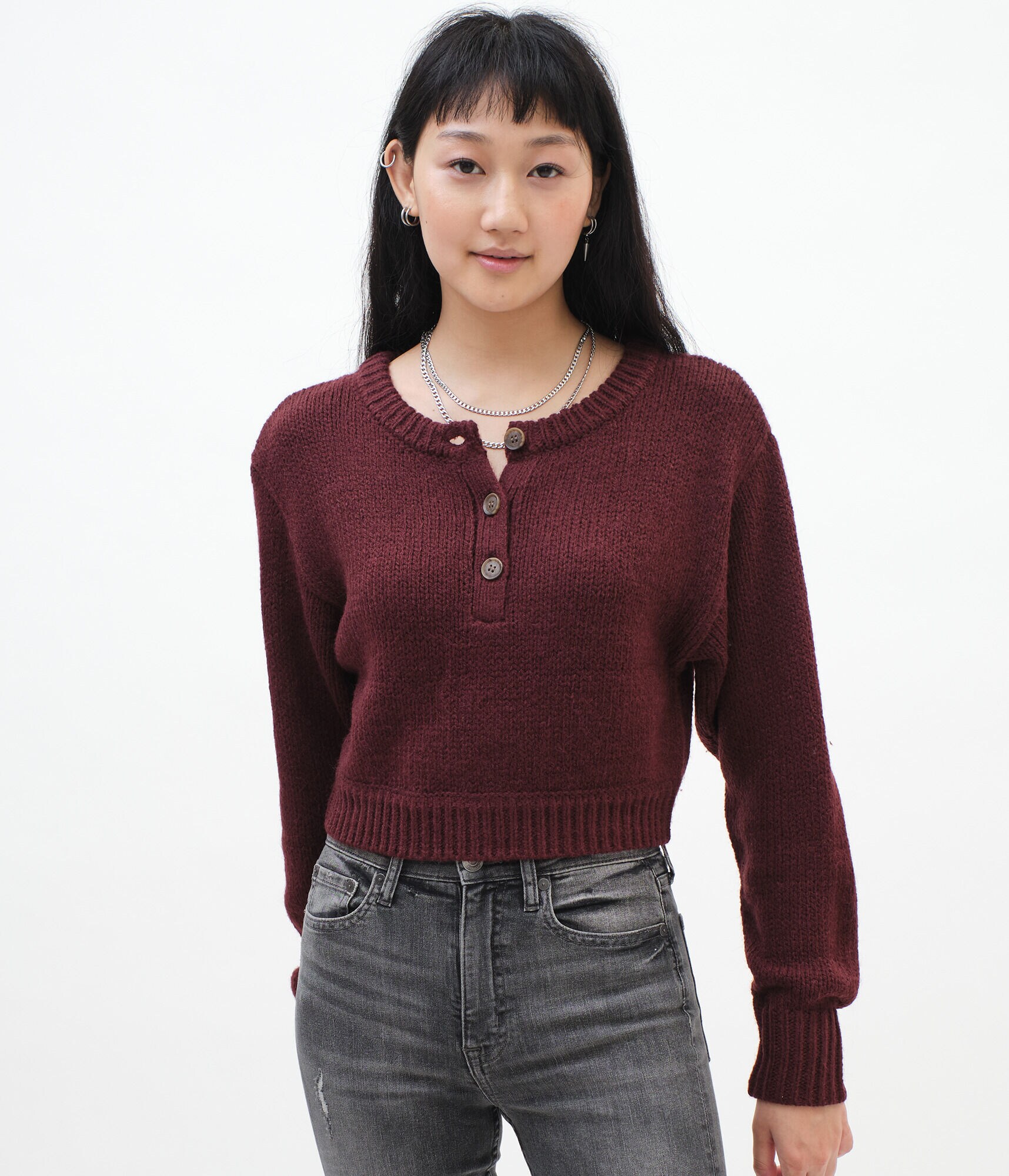 Oversized Sleeve Cropped Henley Sweater