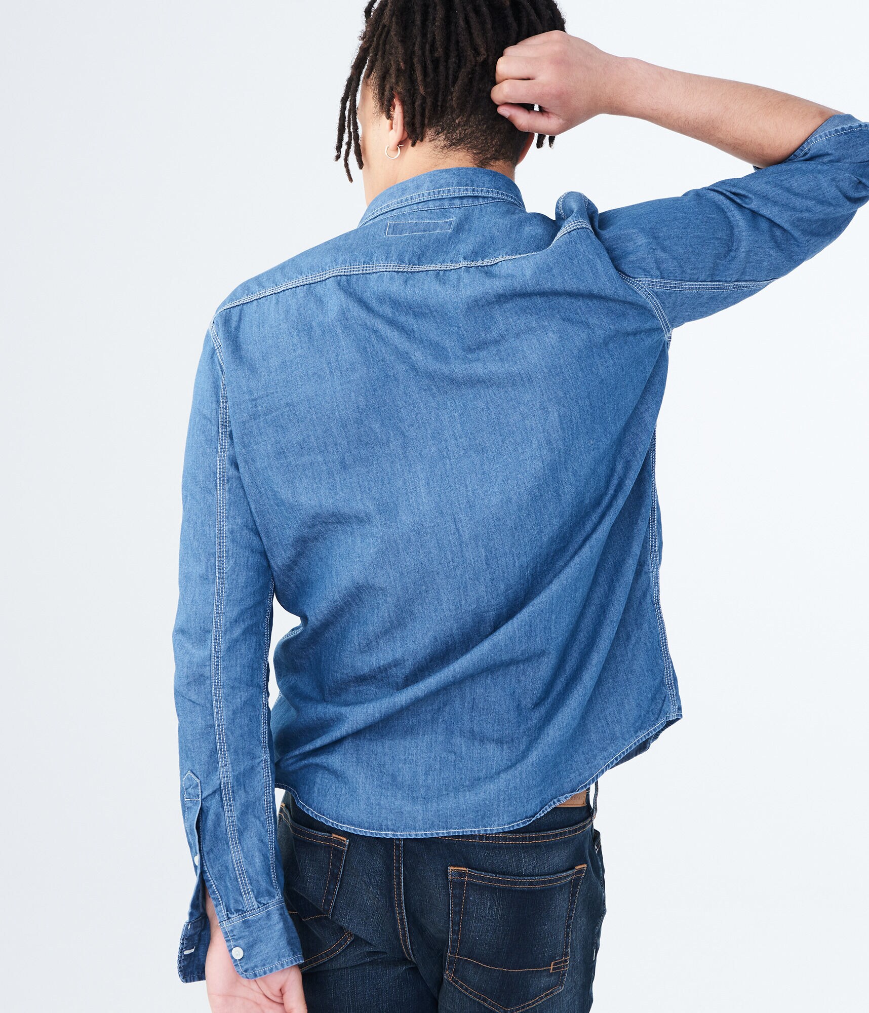 Long Sleeve Dark Wash Workwear Woven Shirt***