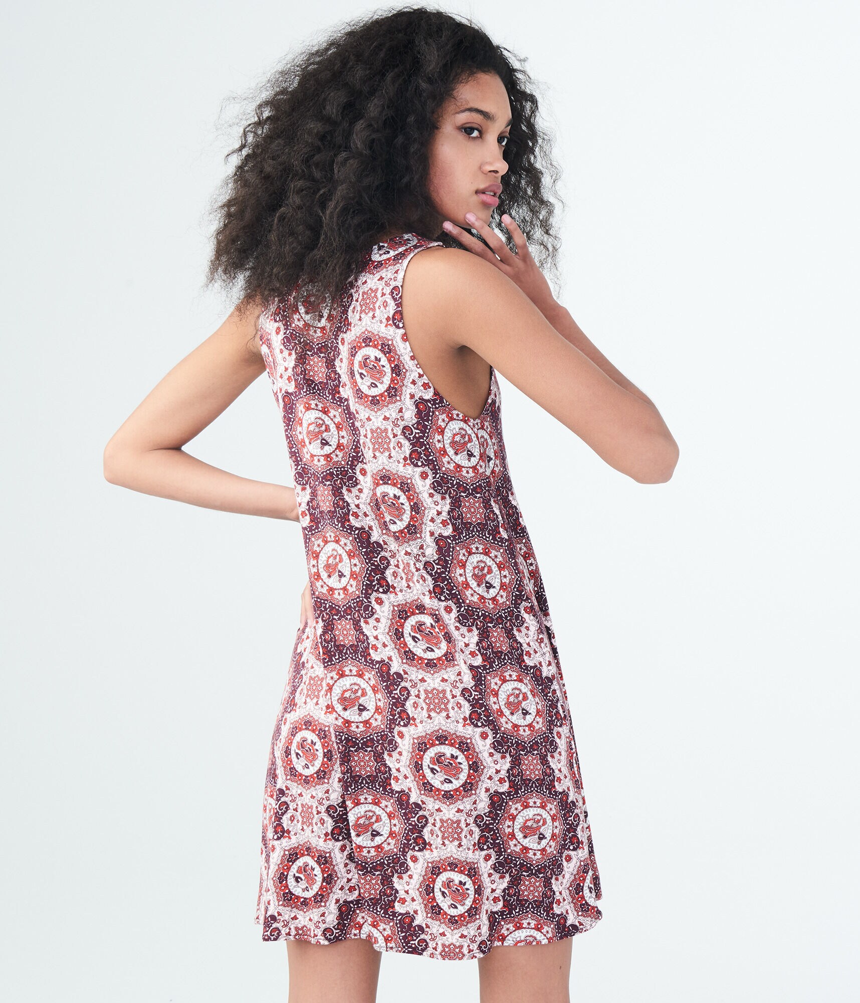 Geometric Print High-Neck Swing Dress